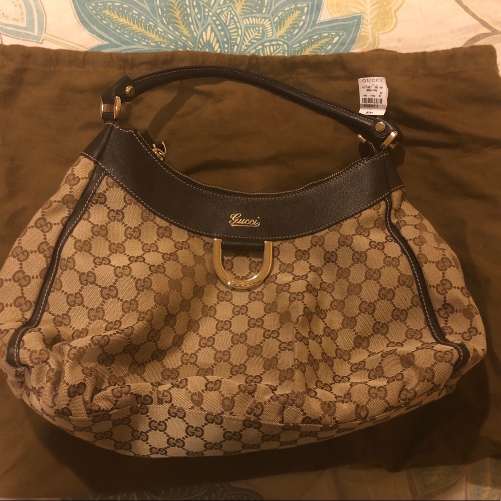 Authentic Gucci D ring canvas monogram hobo bag